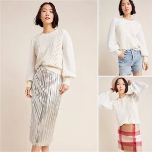 Anthropologie Elizabeth Pointelle Lambswool Alpaca Puffed Sleeve Sweater XS soft